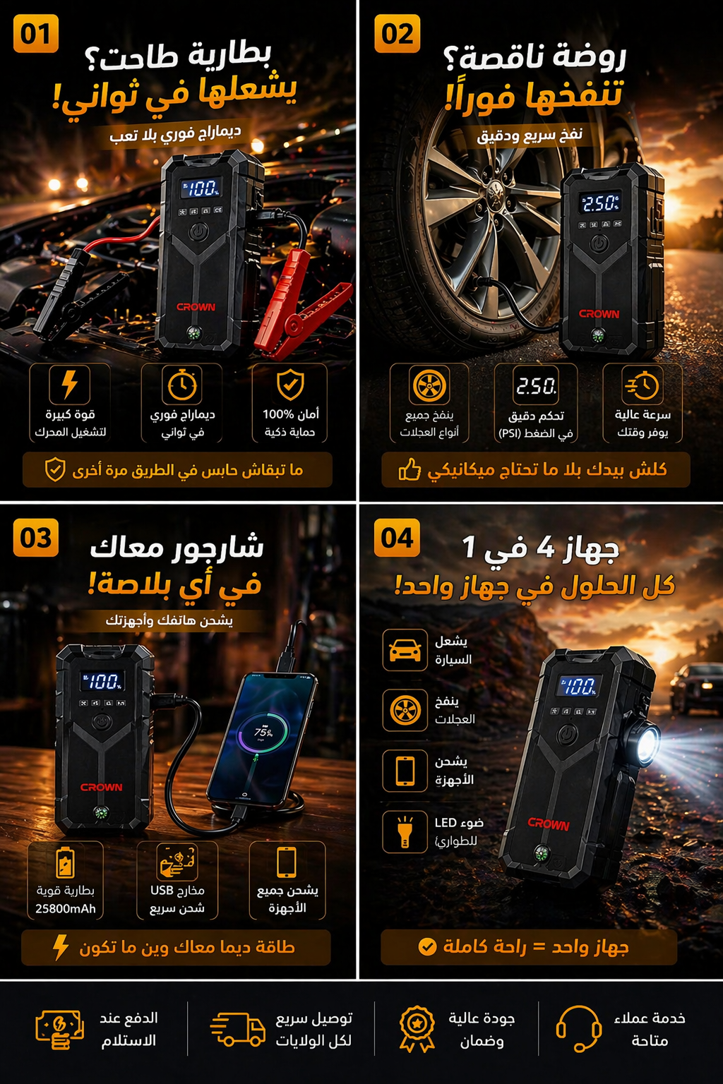 جهاز طوارئ السيارة 7 في 1 – تشغيل + نفخ + شحن الهاتف