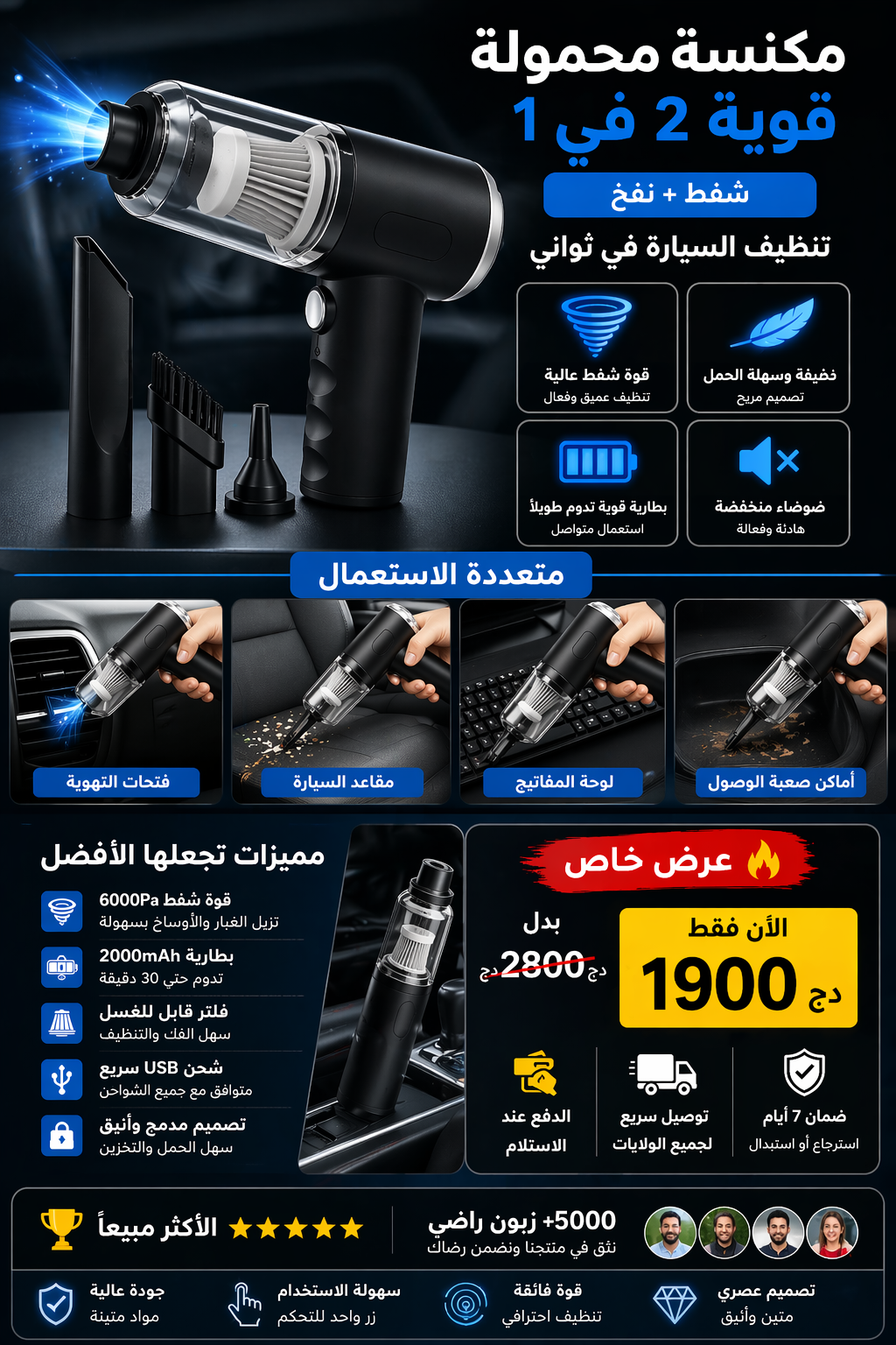ودّع الغبرة نهائيًا! مكنسة محمولة قوية للطوموبيل والدار